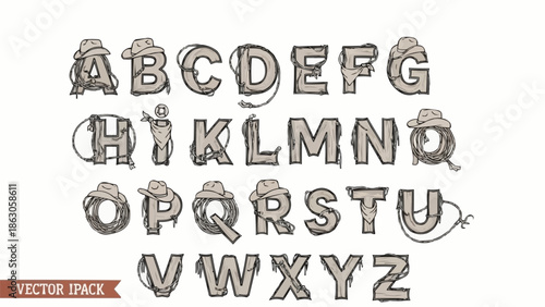 Western Alphabet Letters with Cowboy Hats and Lasso Decorations.