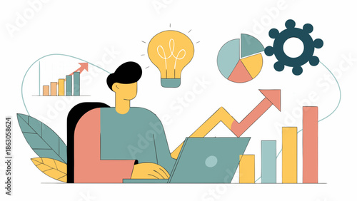 Person working on a laptop with ideas growth and data visualizations