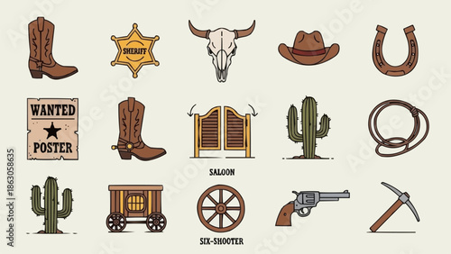 Western Cowboy Icon Set Collection Vector Illustration.