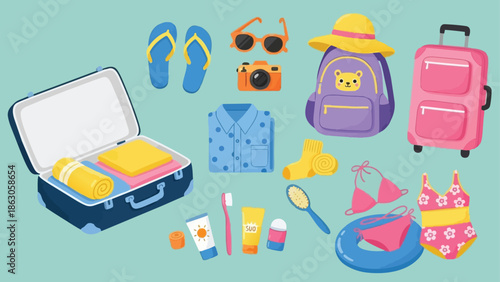Colorful flat design overhead view of open suitcase with summer travel accessories and beachwear items laid out for packing