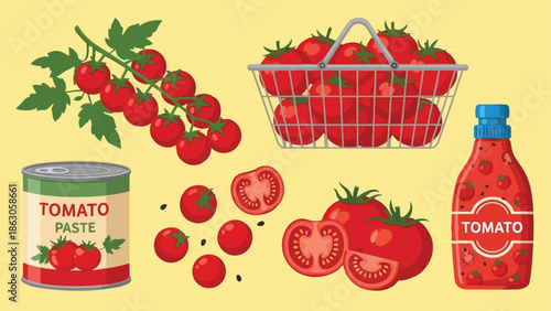 Colorful vector art of fresh red tomatoes with basket, sliced tomato, tomato paste can, and tomato sauce bottle on yellow background