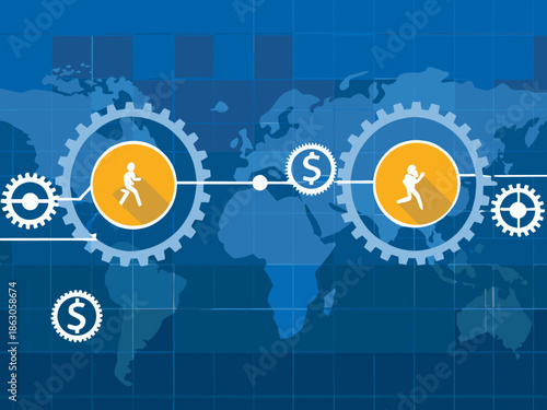 Global business processes and financial transactions illustrated with interconnected gears