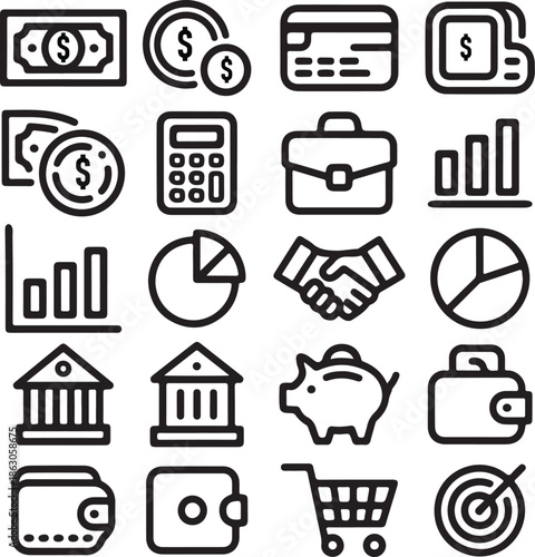 Money and Business Slightly Bold Outline Vector Icon Set
