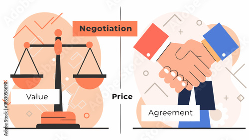 Negotiation value price and agreement represented with scales and a handshake