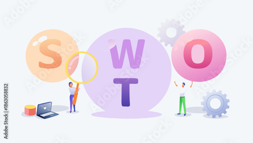 Swot analysis concept with colorful bubbles gears and people working