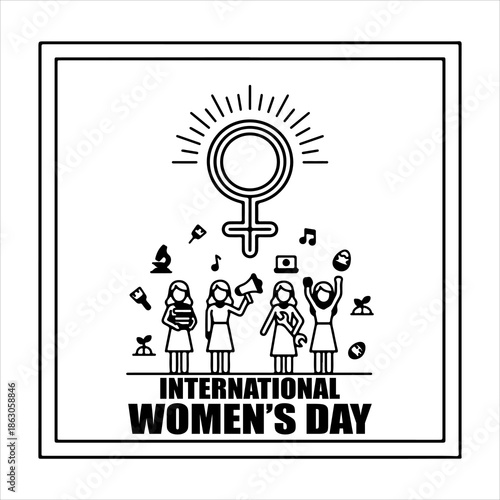 A Professional Empowering Women's Day Icon Symbol, Showcasing International Equality and Digital Feminism Diversity Inclusion Leadership in a Flat Design Minimalist Vector.