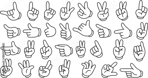 Hand gesture outline icon set, finger pointing thumbs up peace sign symbols collection isolated on white background