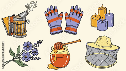 Hand drawn beekeeper gloves, honey jar with dipper, smoking bee smoker, mesh hat, lavender flowers and lit candles in cozy rustic vector style