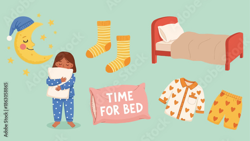Cute vector art of little girl hugging pillow wearing blue pajamas standing near bed with heart patterned sleepwear and sleepy moon illustration