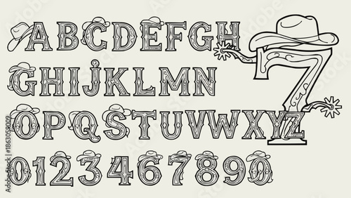 Western Style Alphabet and Numbers with Cowboy Hats and Boots.