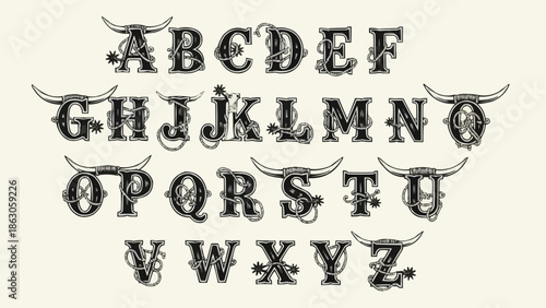 Western Style Alphabet Letters with Bull Horns Decoration.