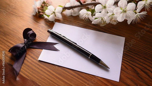 桜の花と白い無地のメッセージカードでこれから卒業のメッセージを書こうとしているペンの画像