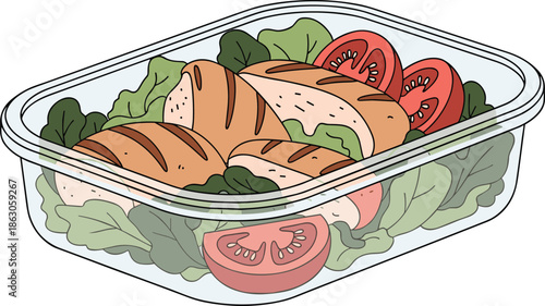 Clear food container with grilled chicken, leafy greens, and sliced tomatoes for healthy meal prep