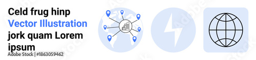 Connectivity, global communication, data sharing, clean energy, technology, worldwide access. a network map, lightning bolt and globe icon. Connectivity and global communication concept