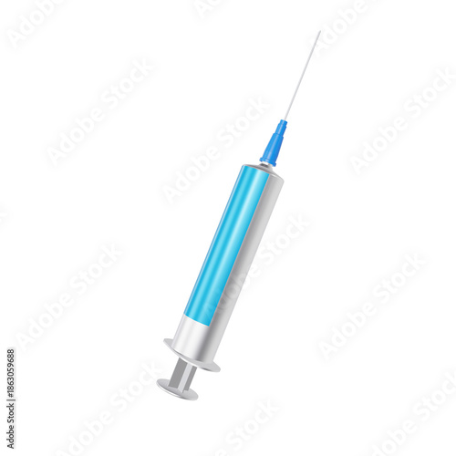 A medical syringe with a blue and white design on a plain background