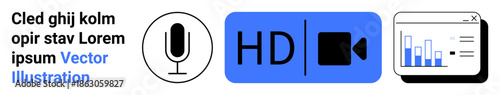 Digital media, video production, podcasting tools, analytics, broadcasting, online communication. Microphone, HD video icon and data chart. Digital media and video production concepts