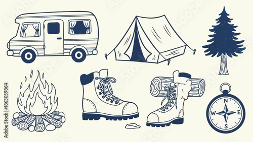 Hand drawn camping gear set with camper van, tent, hiking boots, campfire, pine tree, and compass in minimalist monochrome vector style