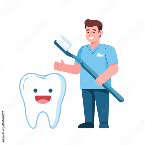 Dentist Holding Toothbrush Near Cartoon Tooth.