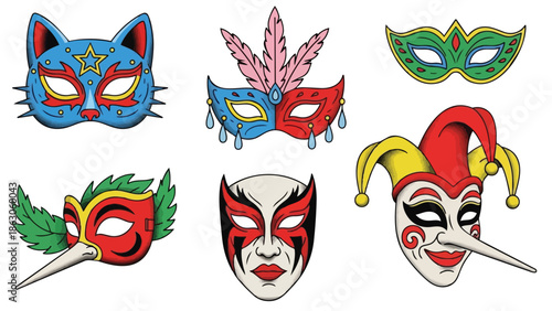 Colorful vector art of six detailed carnival masks including cat, feathered, jester, and leaf designs in vibrant red blue yellow and green colors