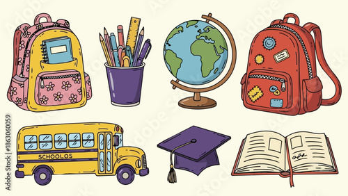 Colorful hand drawn backpacks, school bus, globe, graduation cap, open book and pencil holder with stationery in educational vector design