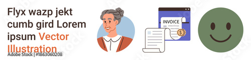 Finance, communication, aging society, emotive expression, billing systems, digital documents. Elderly woman, invoice with currency symbol happy face icon. Finance and communication concept