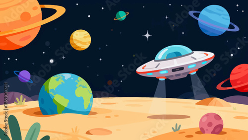 Space scene with planets and UFO