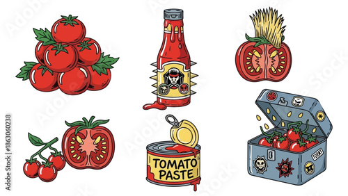Colorful hand drawn vector art of fresh whole and sliced tomatoes with tomato paste can and ketchup bottle spilling vibrant red sauce