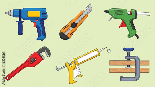 Colorful tools vector art showing blue electric drill, orange utility knife, green hot glue gun, red pipe wrench, yellow caulking gun, and gray c clamp holding wood