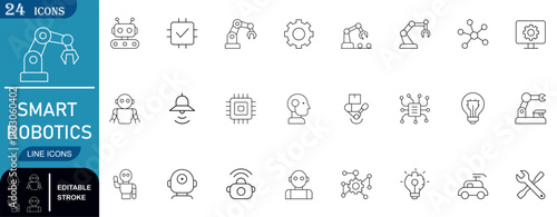 Professional smart robotics line icons featuring automation, industrial arms, AI, and sensors. Ideal for future tech projects, engineering, and manufacturing UI.