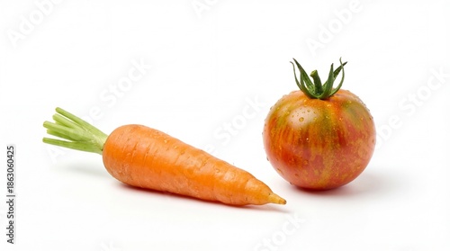 Freshly picked vibrant carrot and a colorful heirloom tomato with water droplets against white background