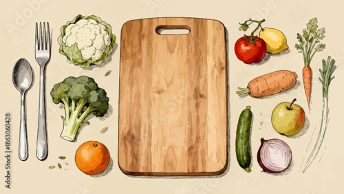 Wooden cutting board with fresh produce and utensils