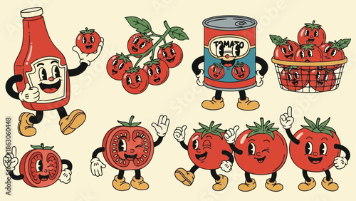 Vintage style playful tomatoes characters with ketchup bottle canned tomato basket and winking smiling faces in colorful vector art
