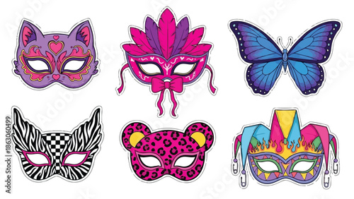 Colorful vector art of six detailed carnival masks with butterfly and feather elements on white background