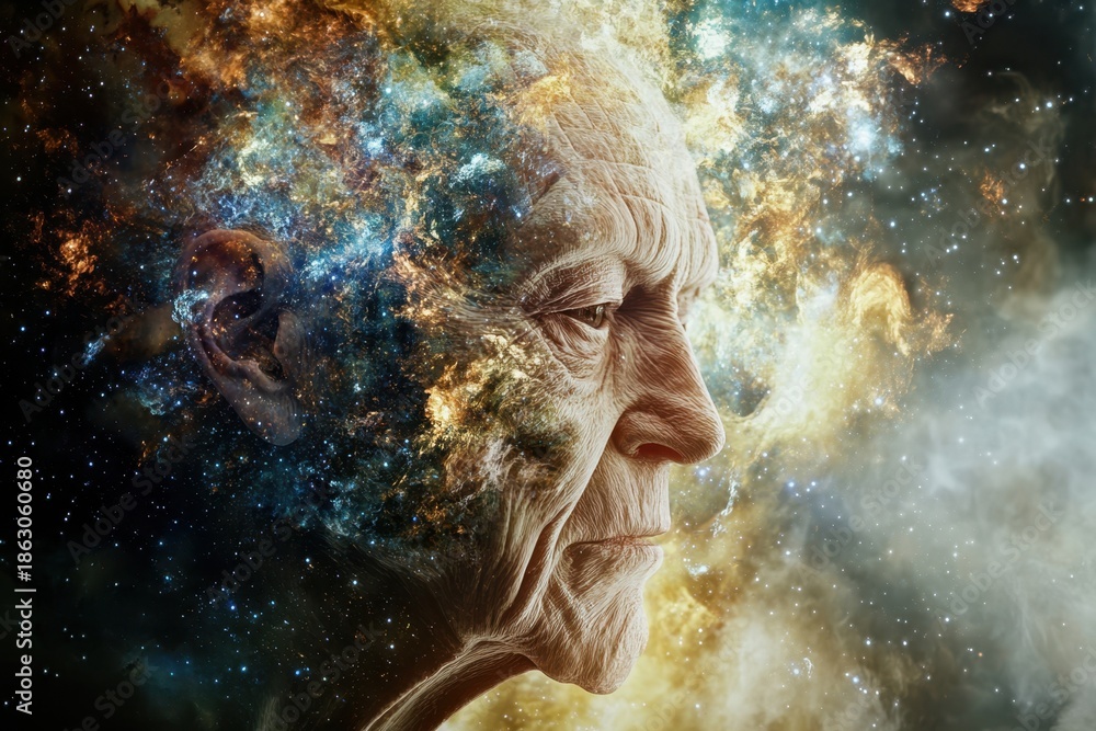 Fototapeta premium Portrait of an elderly man contemplating the cosmos with vibrant colors and swirling galaxies