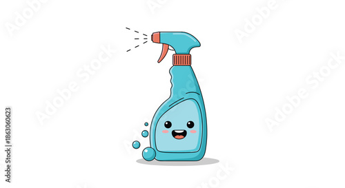 Cute cartoon cleaning spray bottle character with a happy face and bubbles on a white background for household themes.