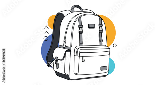 Modern white backpack with grey straps and pockets shown from the front against a background of colorful shapes.