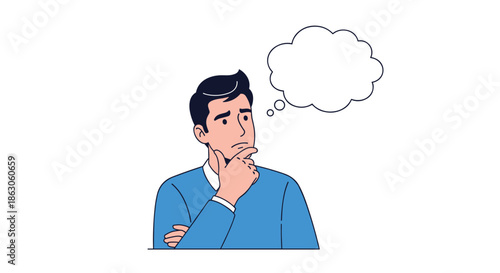 Cartoon of a man in a blue sweater with a hand on his chin thinking deeply with an empty thought bubble on white background.