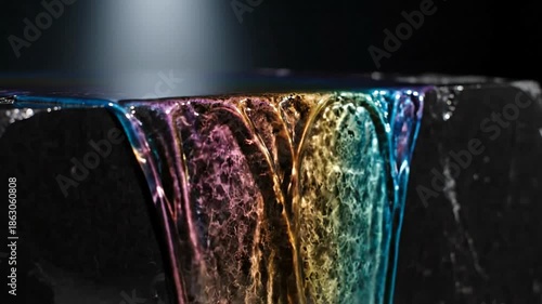 Colorful liquid cascading over a dark stone surface with a soft light backdrop