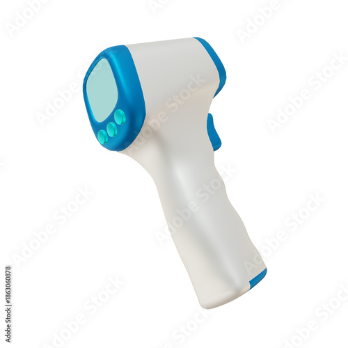 A white and blue digital infrared thermometer gun on a plain background