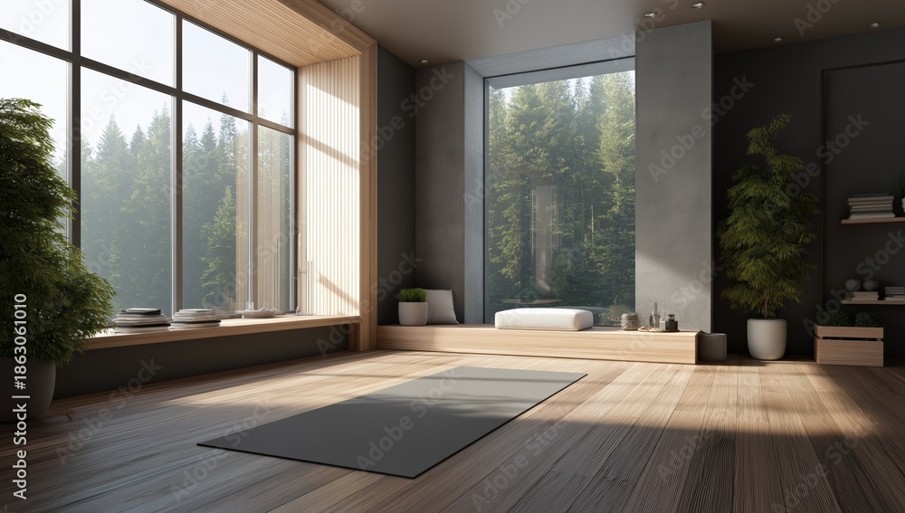 Fototapeta premium Empty minimalistic yoga and meditation room with large windows viewing forest, creating a serene and wellness space with copy space
