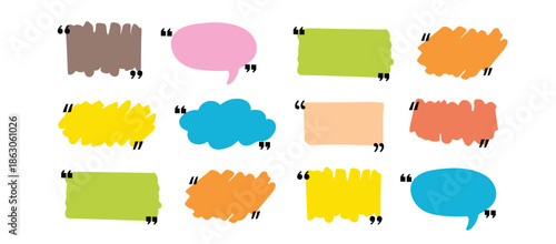 Text box frame set with quotation mark. Hand drawn marker brush stroke text talk message frame background. Quotation mark dialog speech, square, chat color design template. Vector illustration