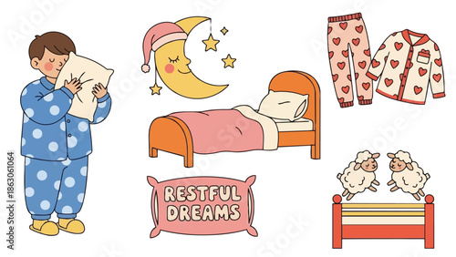 Cute little boy in blue polka dot pajamas hugging pillow with sleep themed elements including moon stars bed and restful dreams pillow