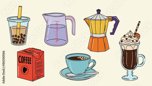 Colorful vector art showing bubble tea cup, measuring jug, moka pot, coffee cup with saucer and spoon, and whipped cream latte glass