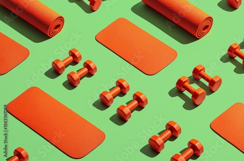 Orange yoga mats and small dumbbells arranged in a repeating pattern on a green background, ready for a home workout session