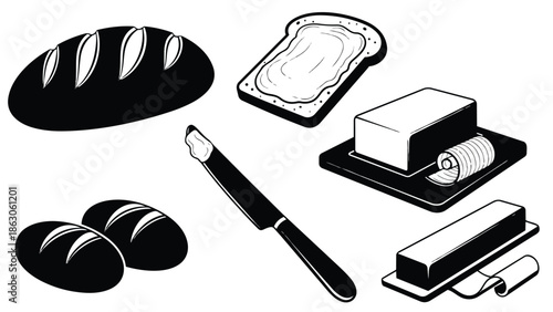 Black and white vector art showing sliced bread loaf, two rolls, butter sticks, knife spreading butter on bread slice, kitchen cooking staple items