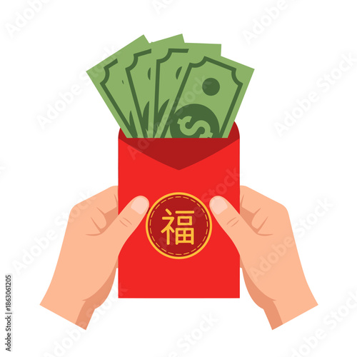 Hands Holding Red Envelope with Money.