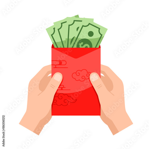 Hands holding red envelope with cash.