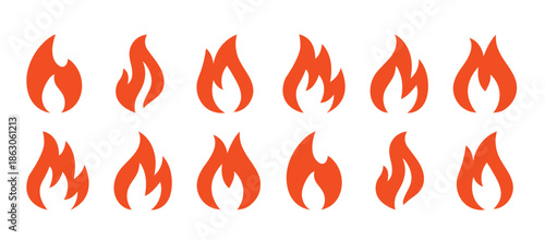 Set of 12 orange flame icons isolated on white background. Vector fire silhouette variations for heat, energy, warning and safety design
