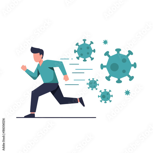 Man Running Away from Virus Particles.