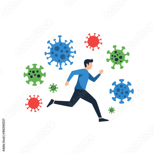 Man Running Away from Virus Cells.